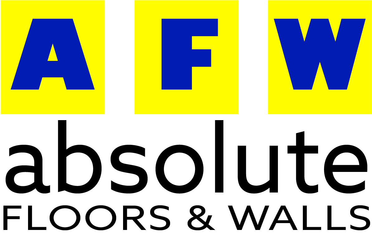 Logo for Absolute Floors & Walls, with blue letters A, F, W on yellow squares above the company name in black.
