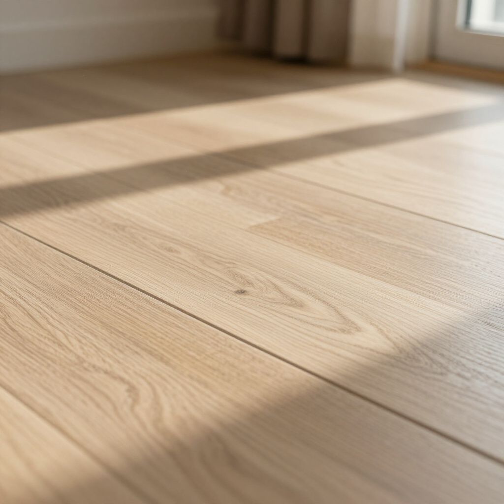 Close-up of light-colored wood flooring with sunlight and shadows.