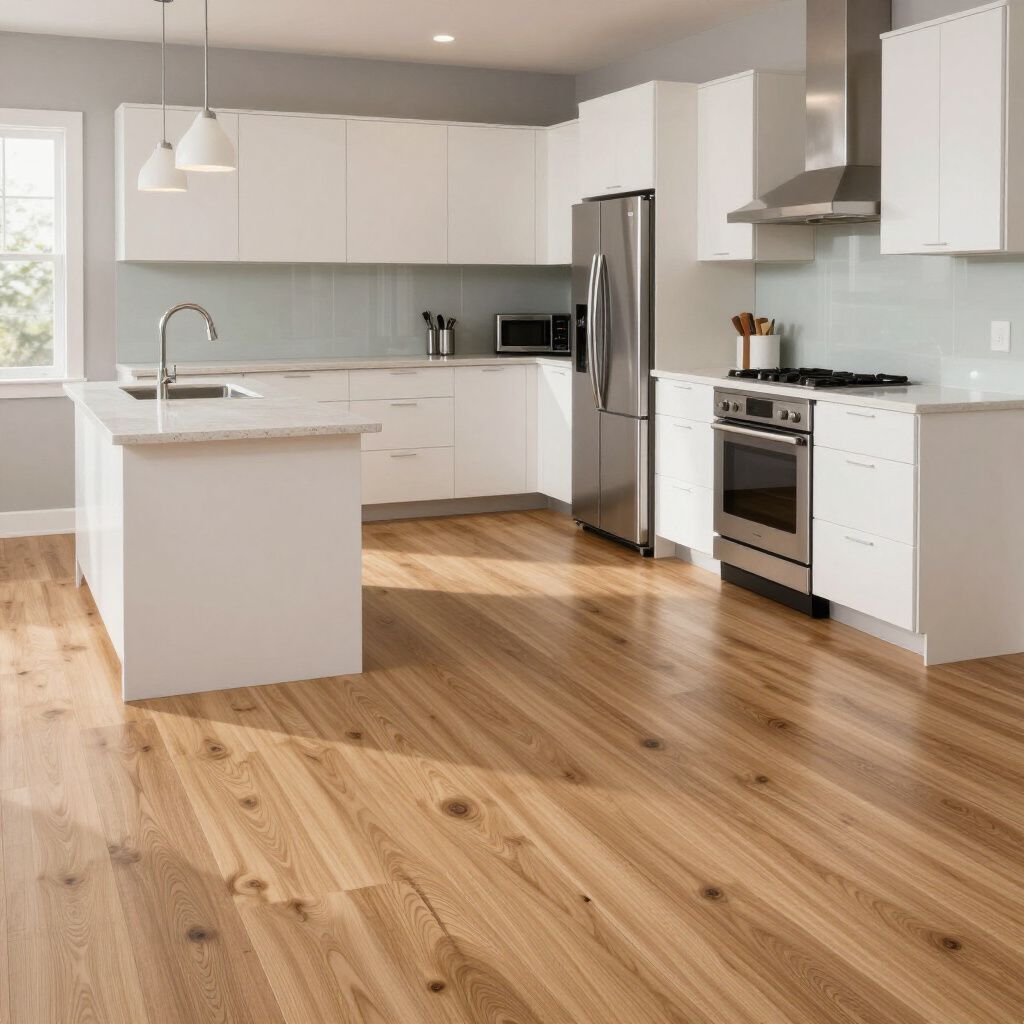 Modern white kitchen with wooden floors, stainless steel appliances, and island.