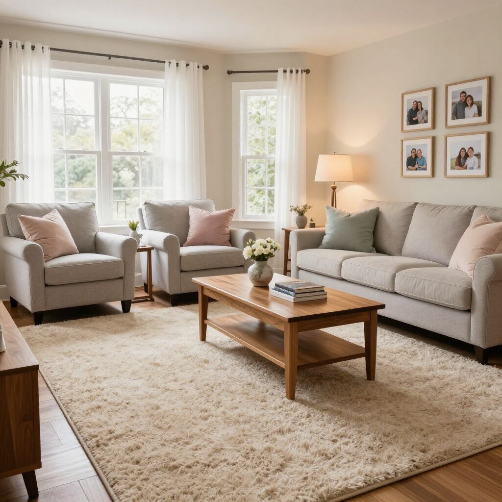 Cozy living room with light gray furniture, beige rug, and framed photos on the wall.