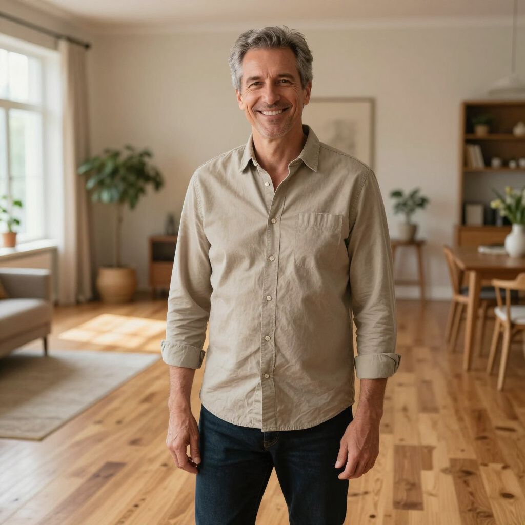 Man in tan shirt and jeans smiles in a bright living room with wooden floors.