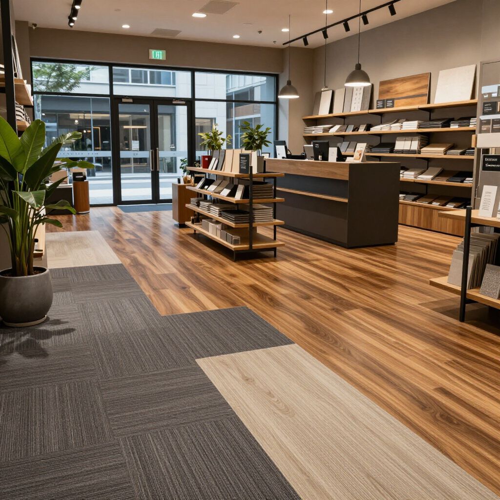 Interior of a tile and flooring showroom, showing displays and wood flooring samples.