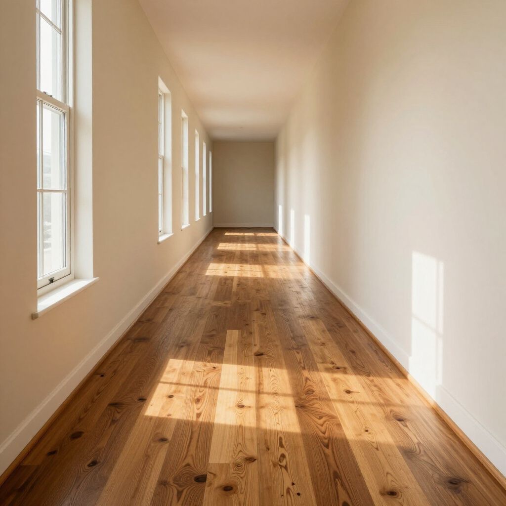 Long hallway with hardwood floor and sunlight streaming from windows.