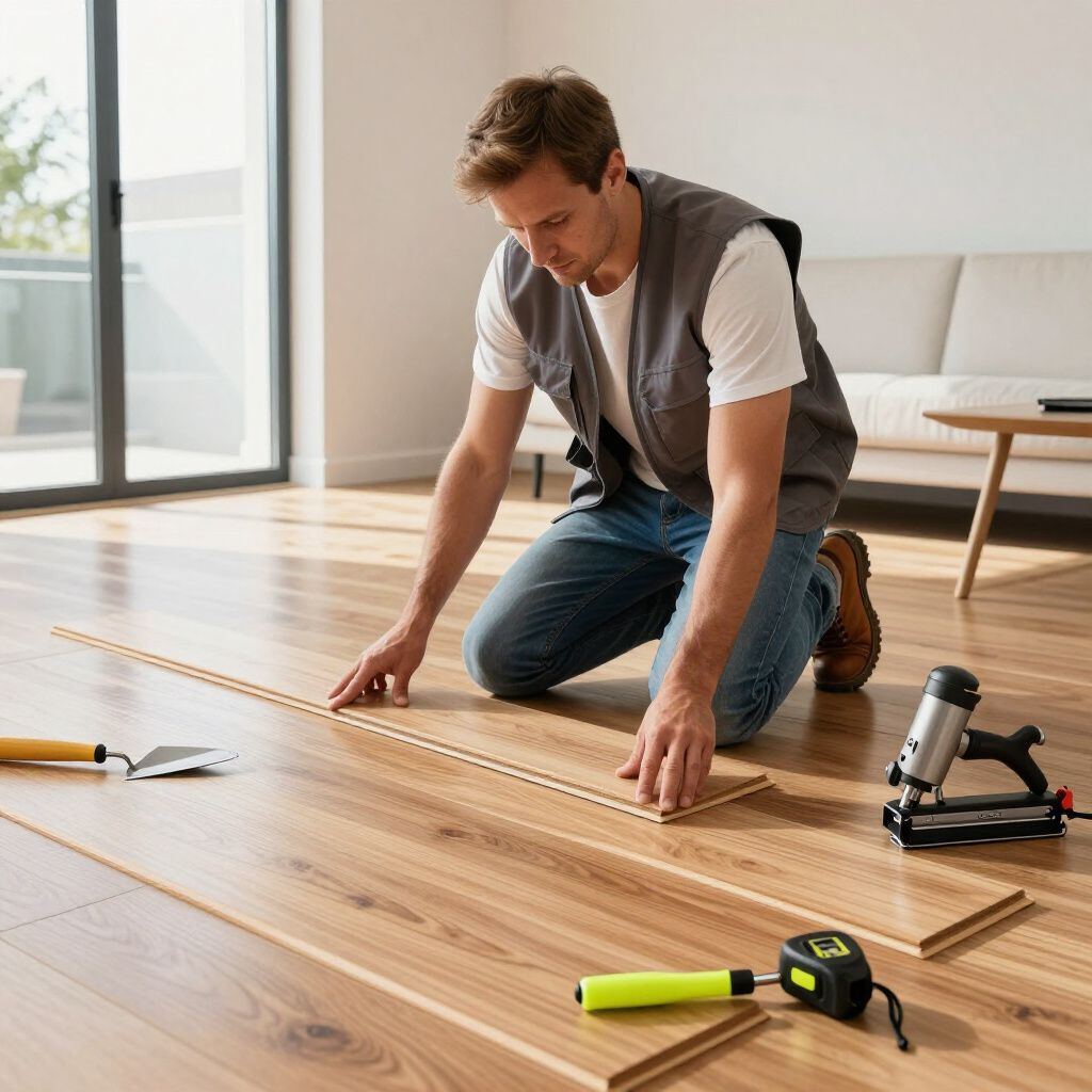 Man installing wooden floorboards in a living room, kneeling with tools.
