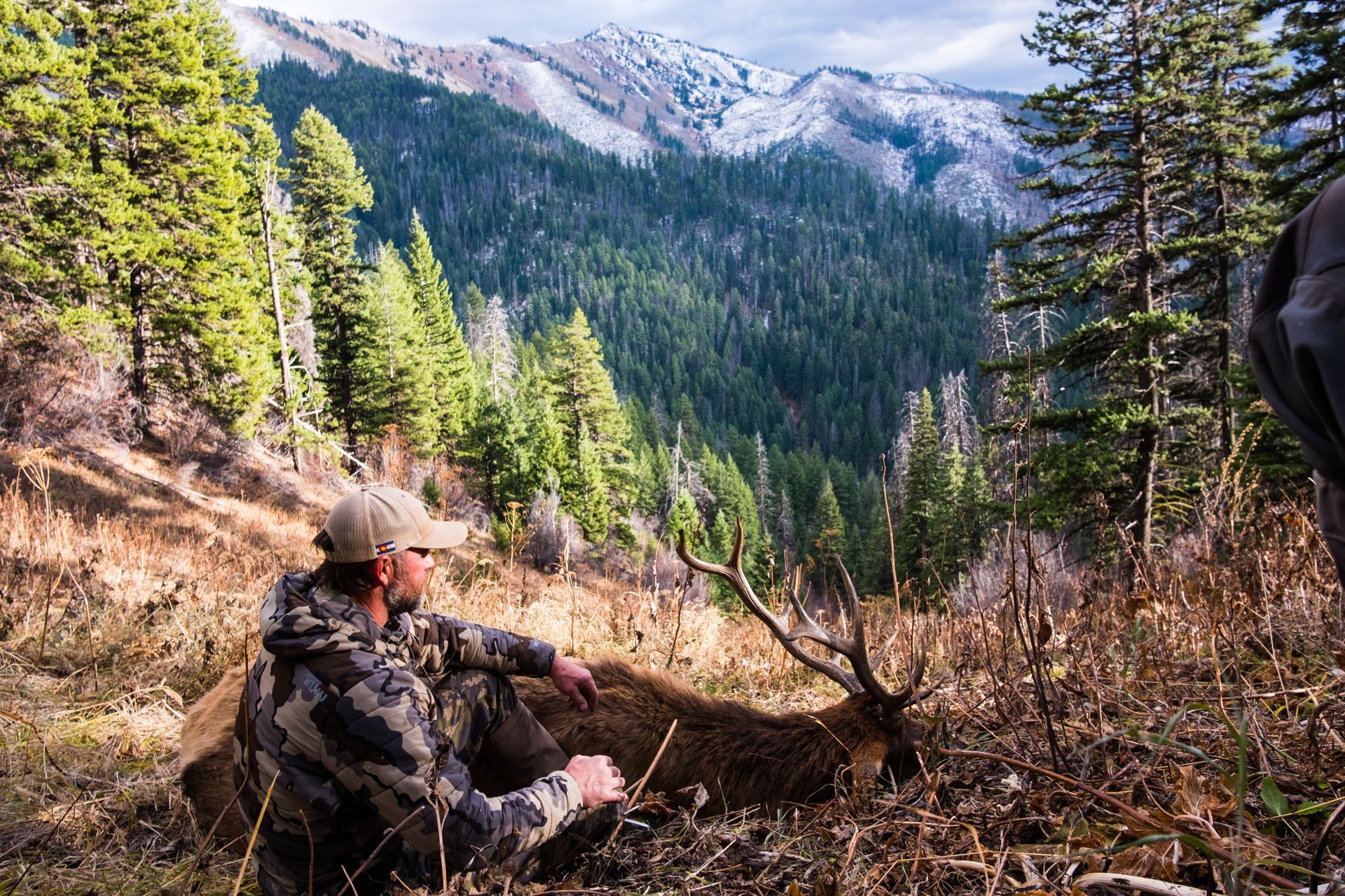 Successful guided hunter with bull elk in the Frank Church Wilderness