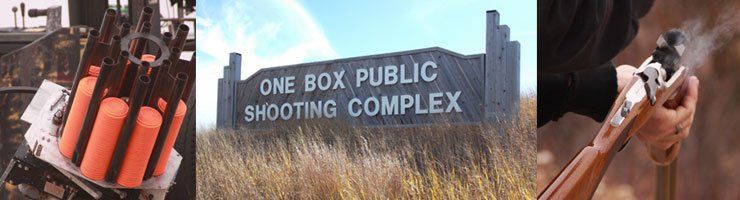 A shooting complex with cartridges, a sign, and a person firing a shotgun.