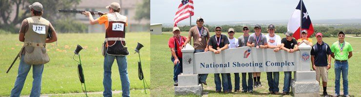 Shooting competition: shooters with shotguns, group posing by