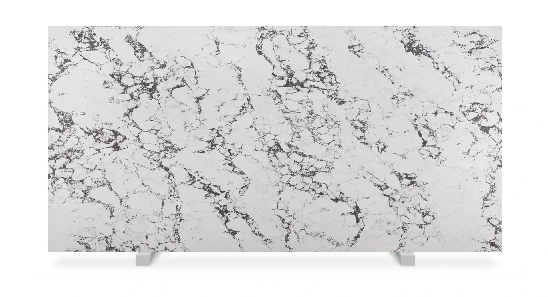 White countertop slab with dark gray veining, displayed on a stand.
