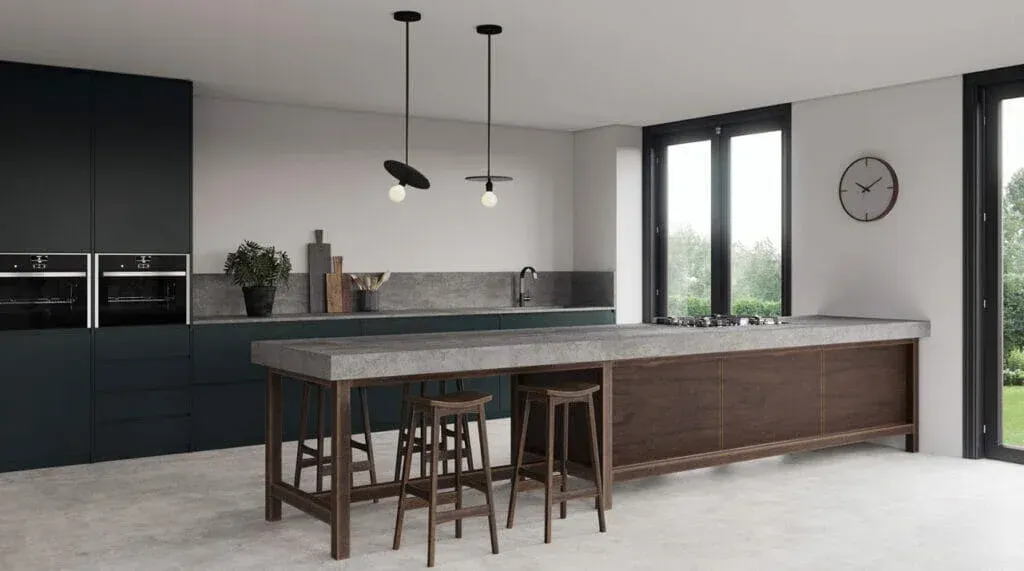 Modern kitchen with dark blue cabinets, gray island, and wood accents.