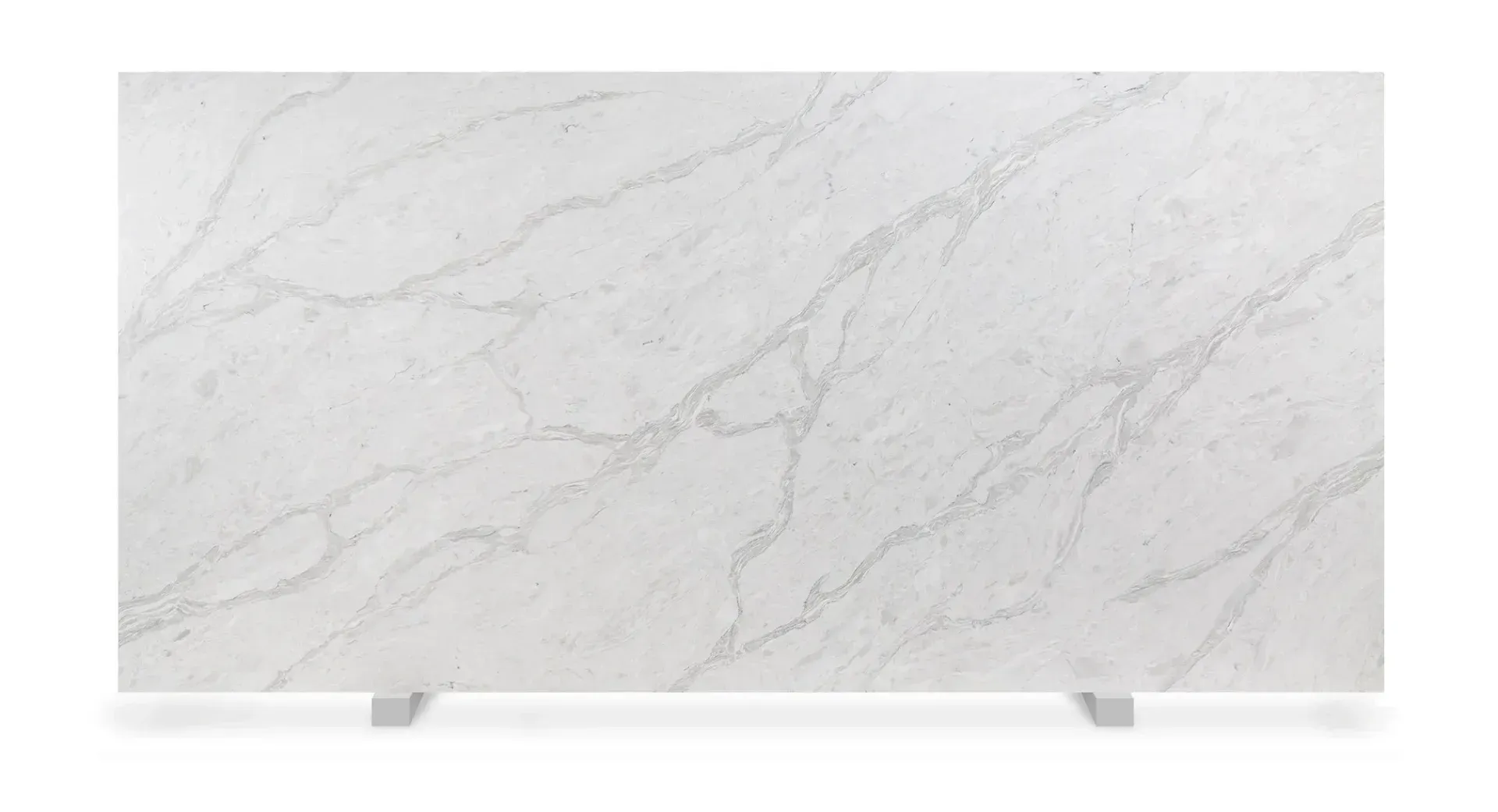 White quartz slab with gray veining on a stand.
