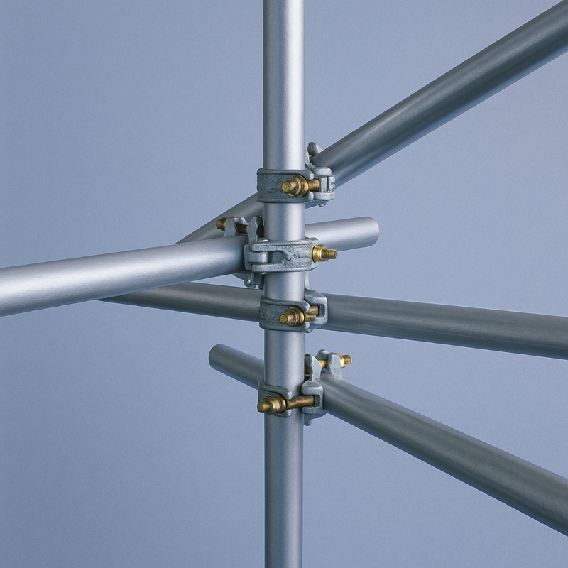 Detalhe da construção de andaimes com tubos de metal e braçadeiras sobre um fundo azul.