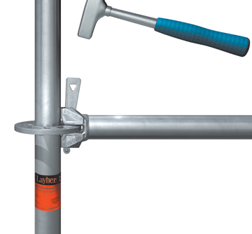 Componentes do andaime: poste vertical, barra horizontal, martelo.