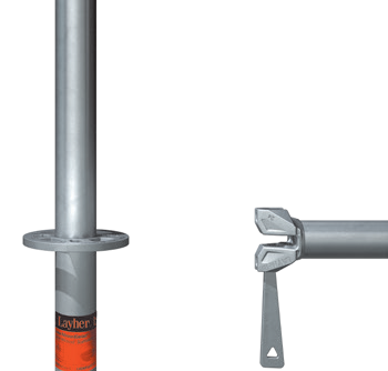 Duas seções de andaime metálico: um poste vertical com uma base e uma peça de conexão horizontal.
