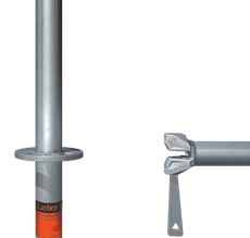 Duas seções de andaime metálico: um poste vertical com uma base e uma peça de conexão horizontal.