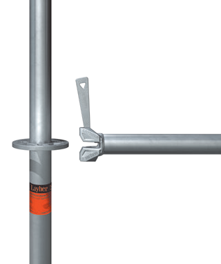 Peças do andaime: poste vertical com braço de travamento e viga horizontal.