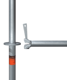 Peças do andaime: poste vertical com braço de travamento e viga horizontal.