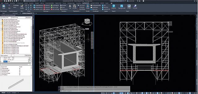Interface de software CAD mostrando vistas 3D e 2D de um projeto de estrutura de andaime em um fundo preto.