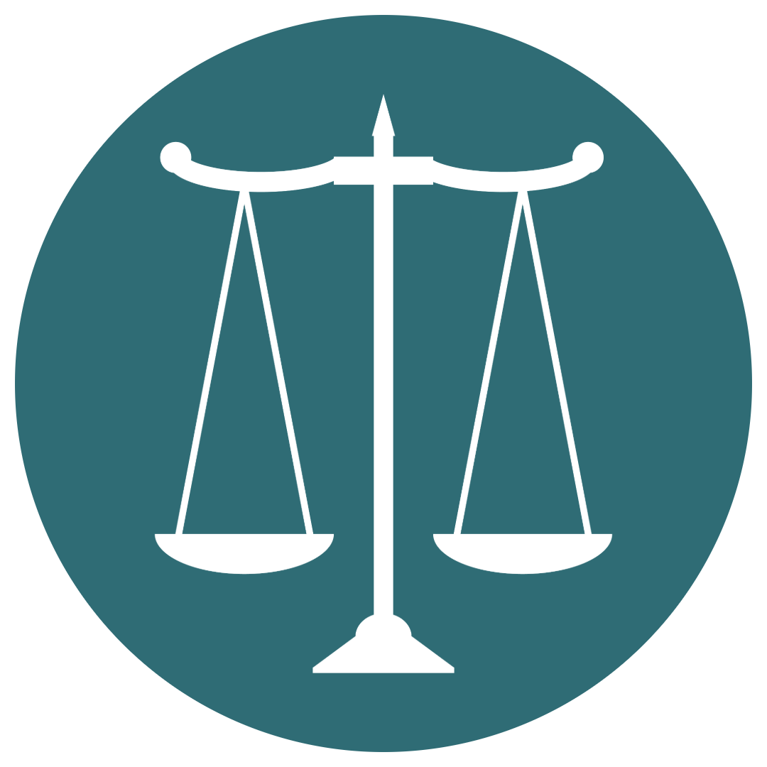 Scales of justice in white against a teal circle.