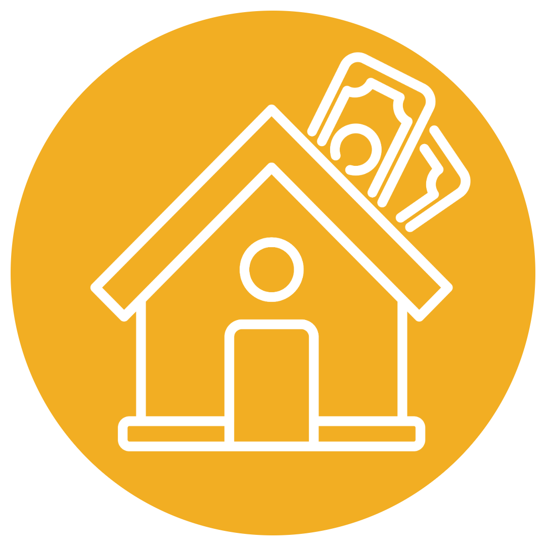 House icon with money coming out the roof, set in an orange circle.