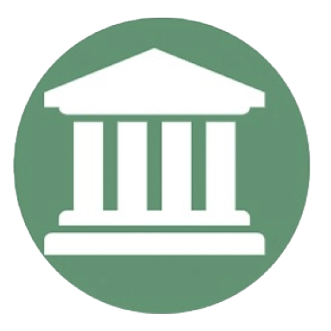 White courthouse icon within a green circle.