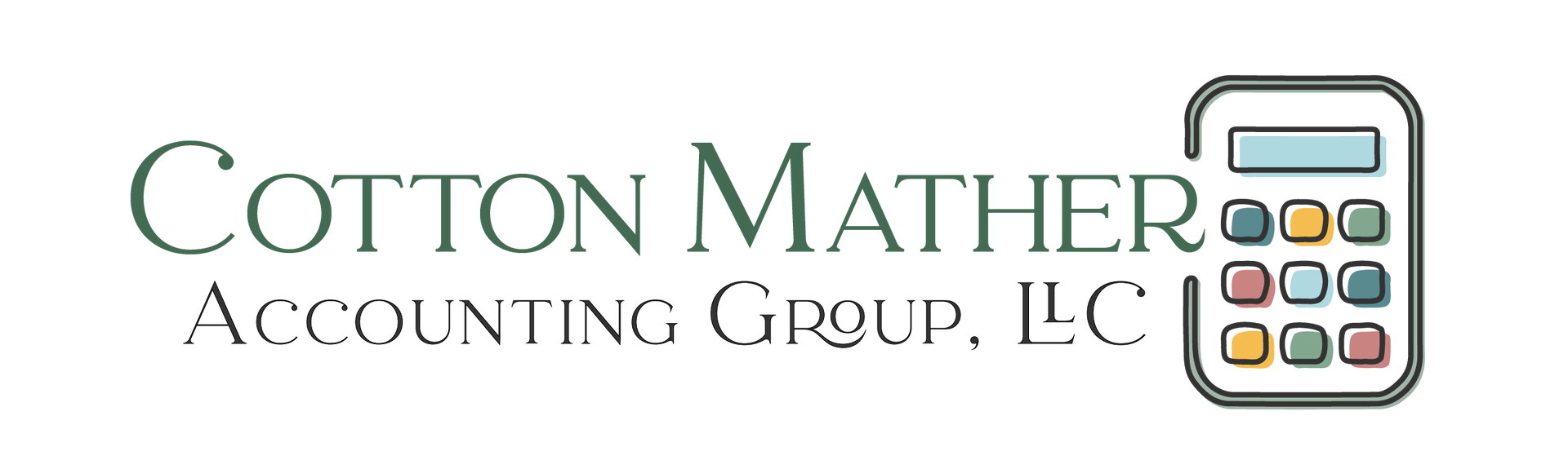 Logo for Cotton Mather Accounting Group, LLC, featuring text and a calculator icon in shades of green, blue, and yellow.
