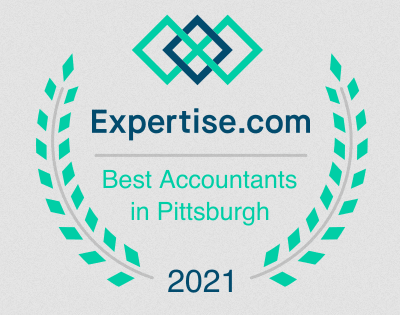 Expertise.com Best Accountants in Pittsburgh award badge, 2021, teal laurel wreath.
