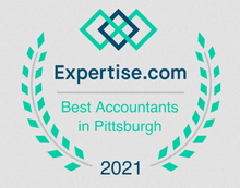 Expertise.com Best Accountants in Pittsburgh award badge, 2021, teal laurel wreath.