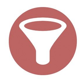White funnel icon within a maroon circle, representing filtering or sorting.