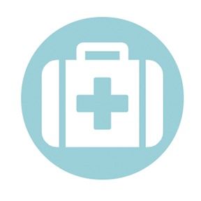 White first aid kit icon in a light blue circle.