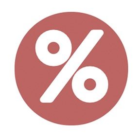 White percentage sign icon on a red circle background.