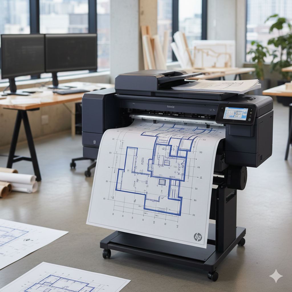 HP DesignJet plotter printing architectural blueprints in professional office setting