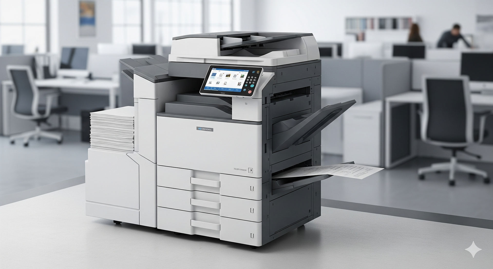 Office copier in a modern workplace with employees using copier machine efficiently