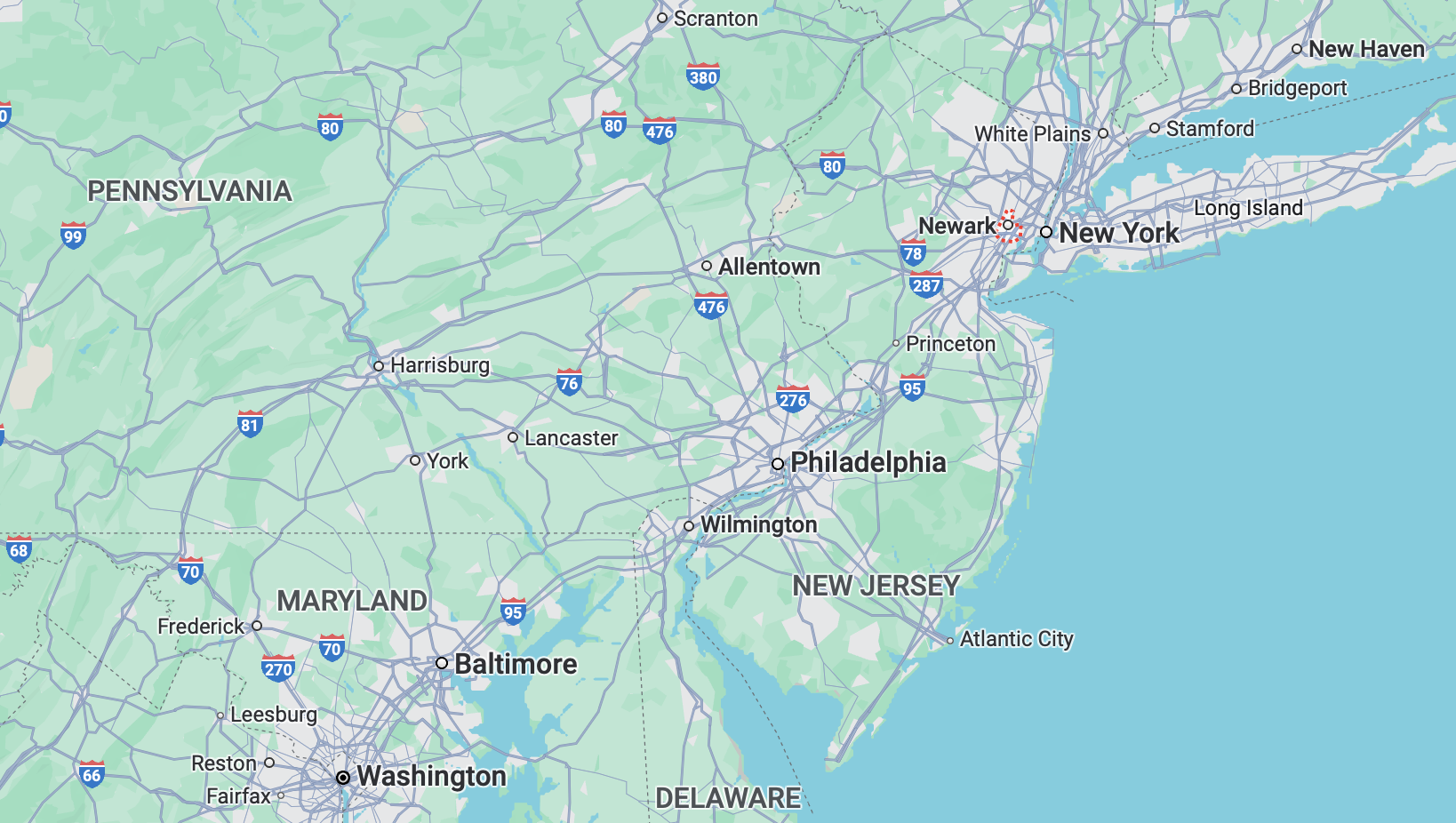 A map of the united states showing the states of maryland and new jersey.