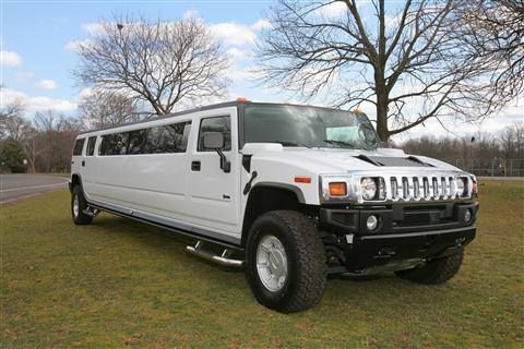 A white hummer limousine is parked in a grassy field.