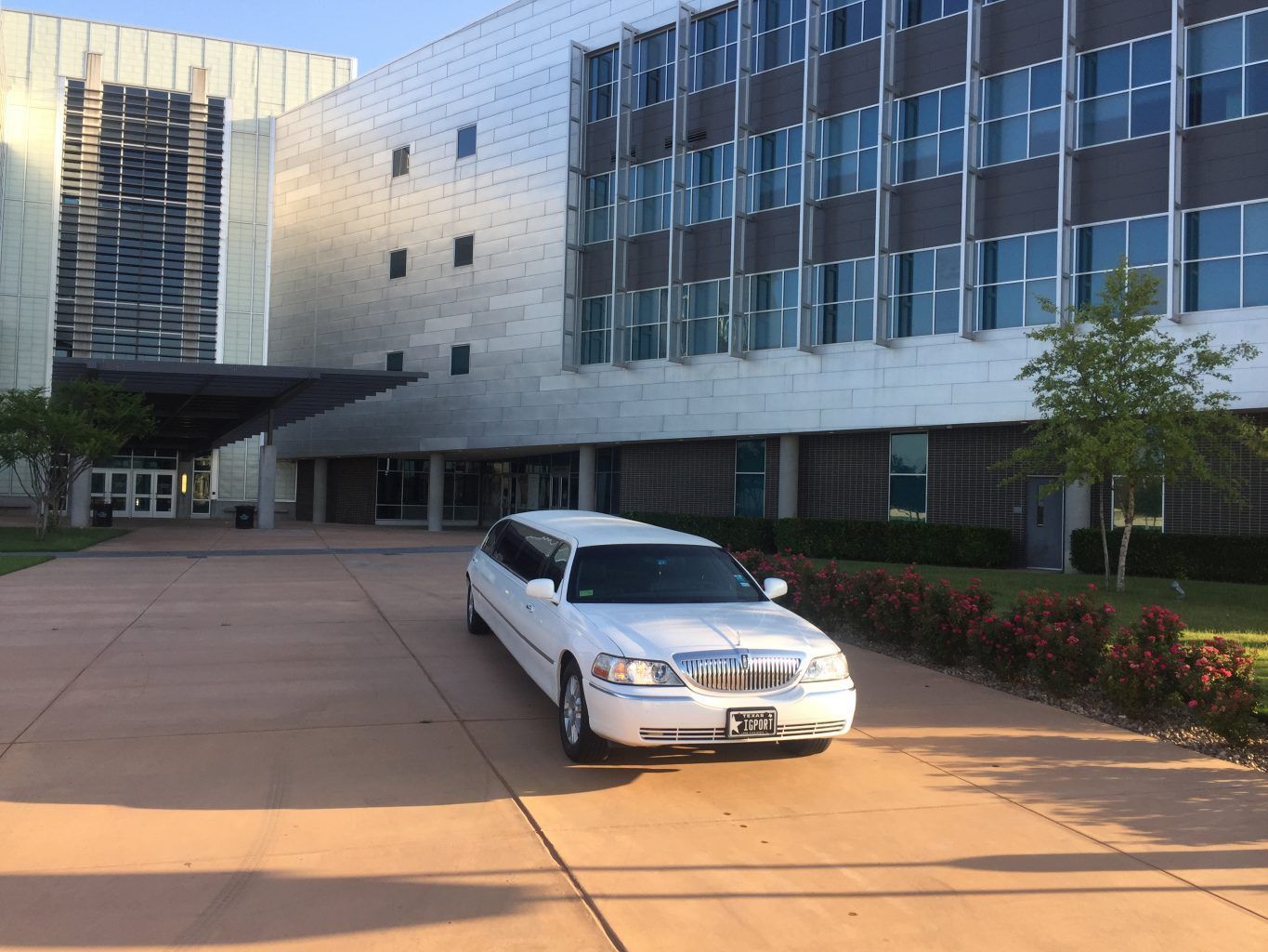 A white limousine is parked in front of a large building