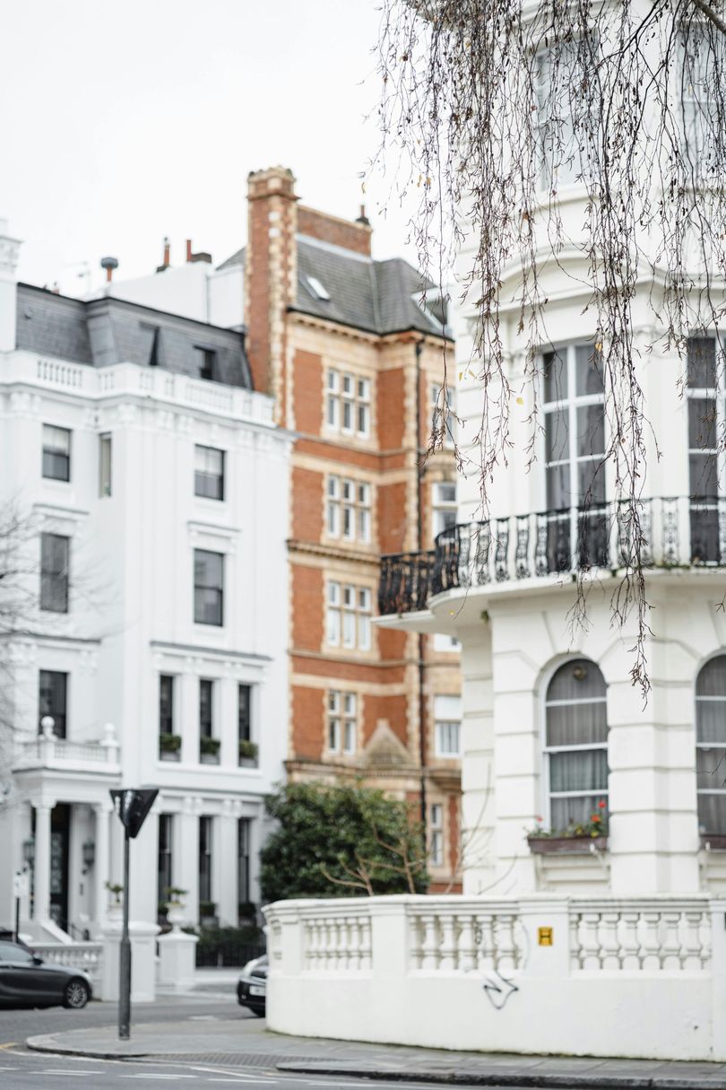 Row of white and brick buildings in a city street, partially obscured by a tree with hanging branches.