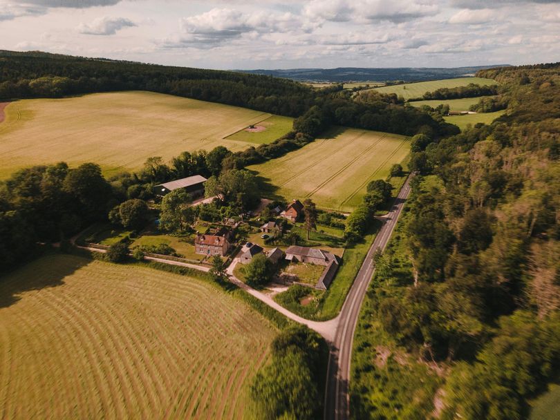 Aerial view of a rural landscape with fields, forest, a road, and buildings. Green and yellow hues dominate.
