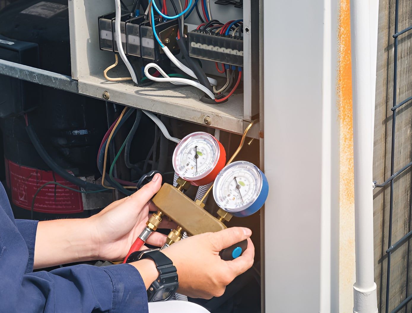 A Person Is Working On An Air Conditioner With Gauges — Marty Nelson Refrigeration & Air Conditioning In Dubbo, NSW