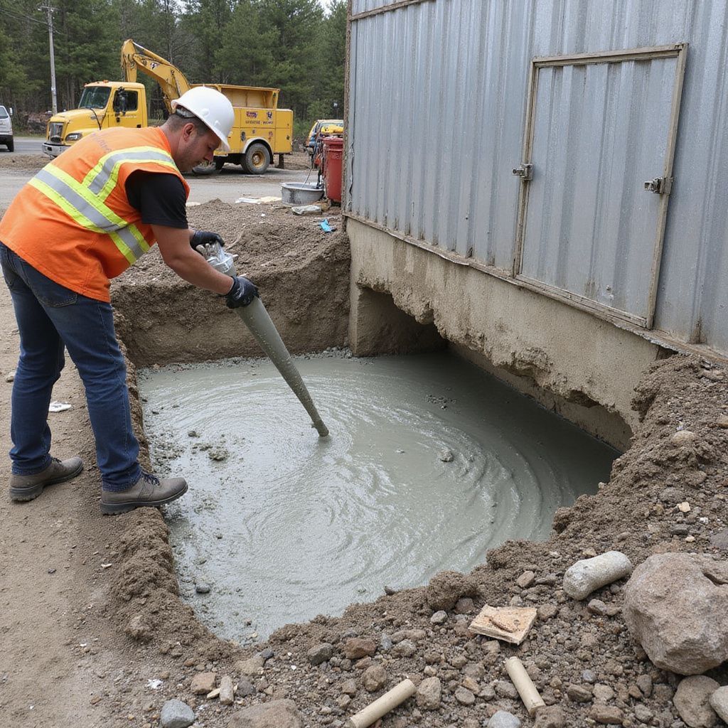 Construction worker uses tool to pour cement into a hole near a building. Outdoor setting.