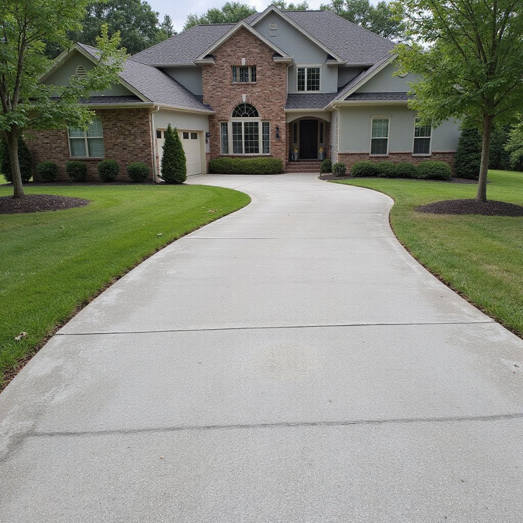 A curved concrete driveway leading to a two-story house with brick and gray siding, and a green lawn.