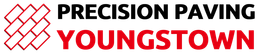The logo for precision paving youngstown is red and black.