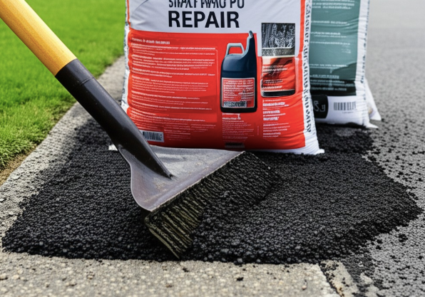 A bag of simply pour repair is being used on a sidewalk