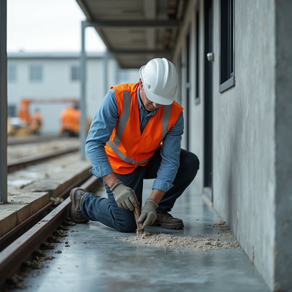 Construction worker in orange vest and hard hat kneeling, using a tool on a concrete surface.