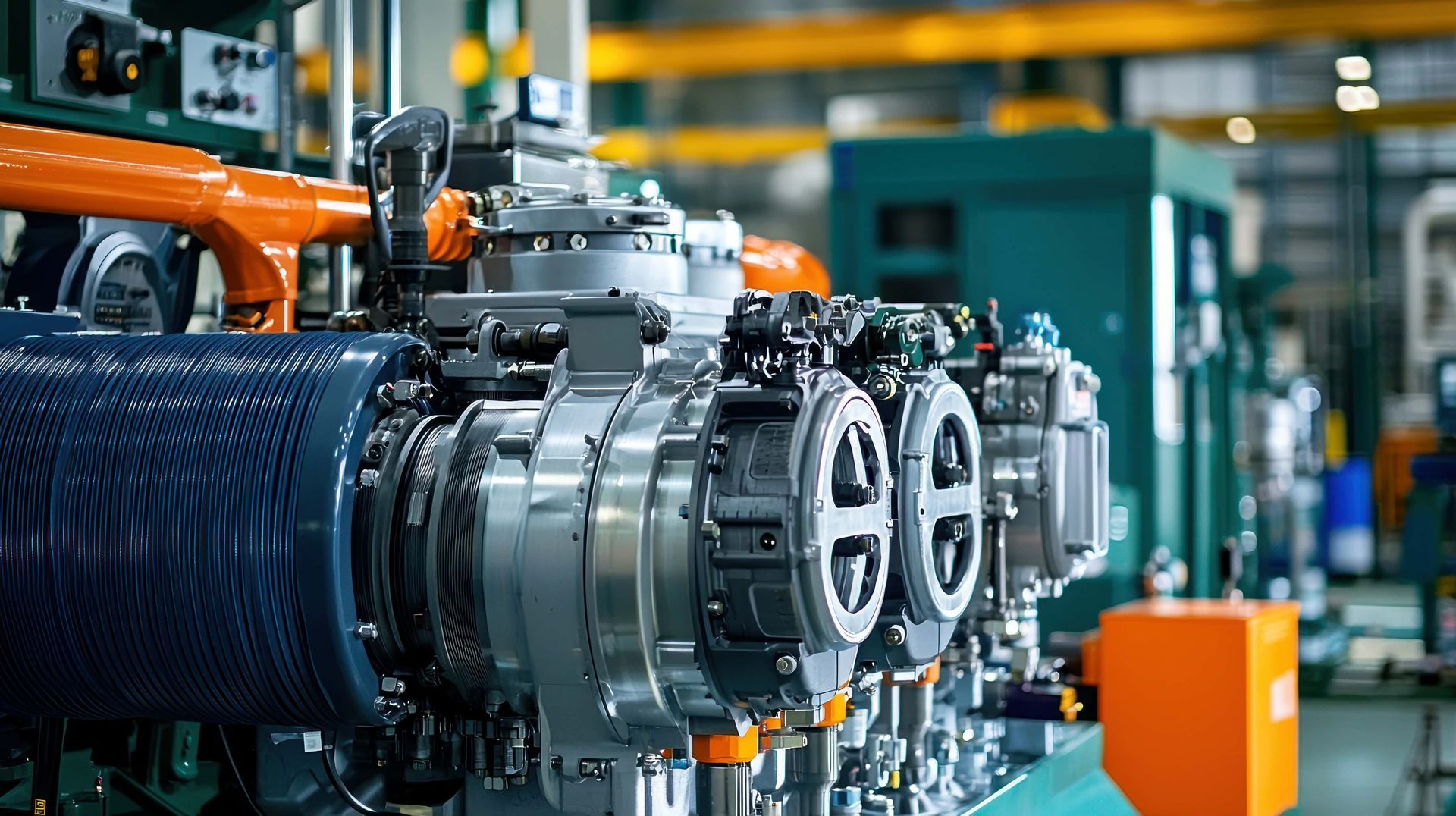 Detailed close-up shot of complex industrial machinery with metallic gears, bearings, and moving parts.
