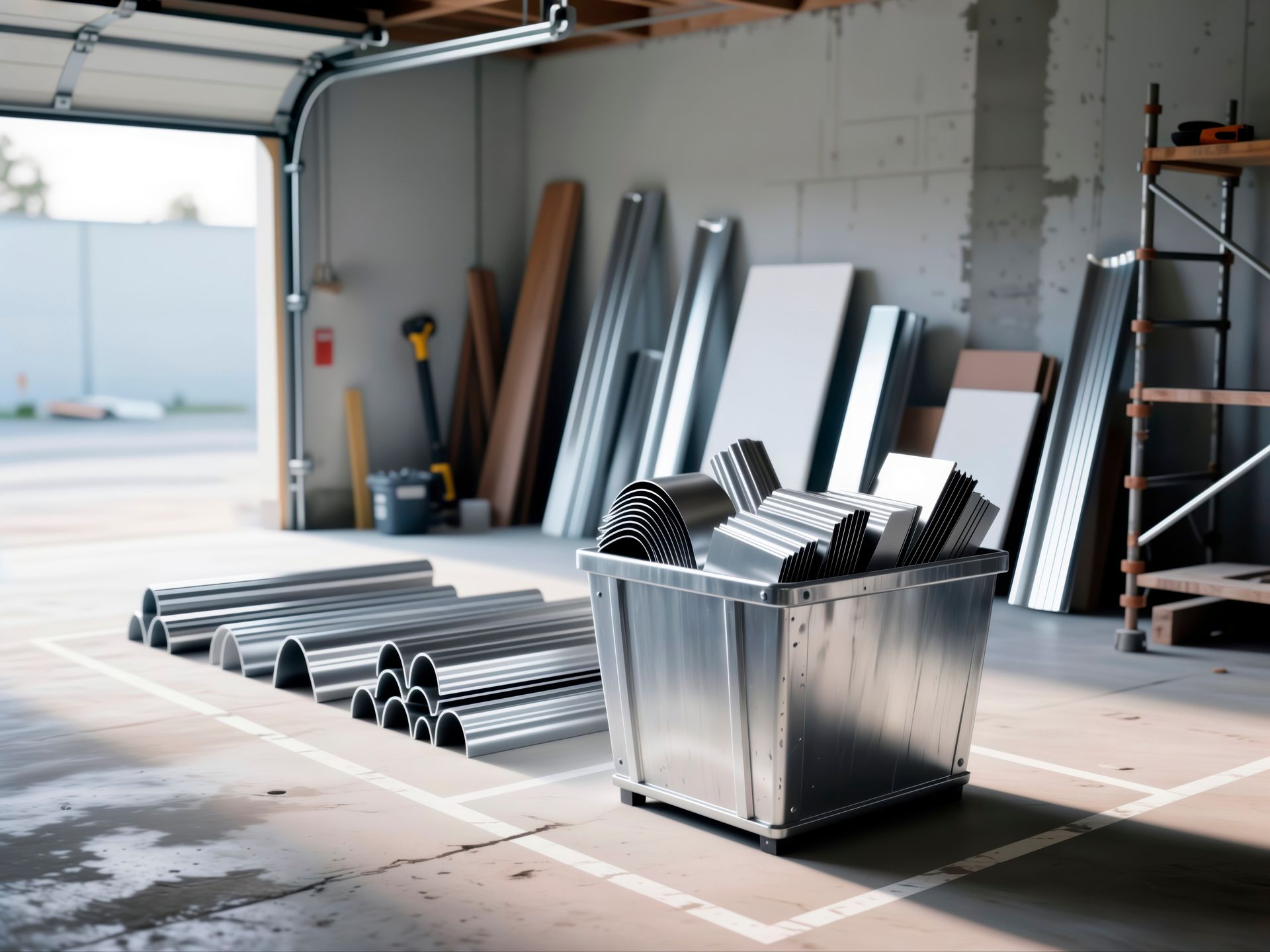 Organized metal HVAC components and raw materials stored in a clean industrial facility.