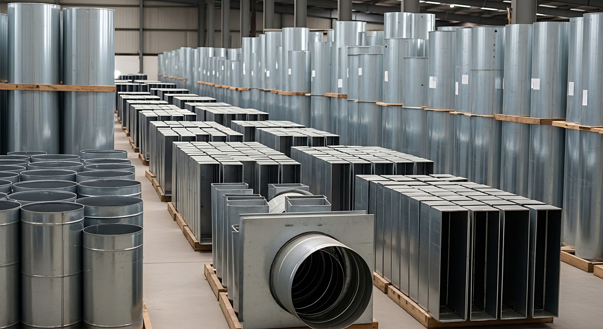 Warehouse floor filled with rows of galvanized steel ductwork and circular ventilation pipes.