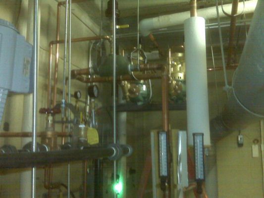 An interior view of complex mechanical room infrastructure with copper piping, gauges, and white insulated vertical pipes.