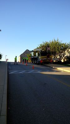 A yellow mobile crane parked on a residential street with orange safety cones, preparing for a heavy lifting operation.