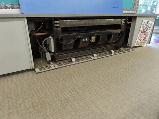 Perspective view of a large, open HVAC cabinet showing the full internal blower and coil arrangement on a carpeted floor.