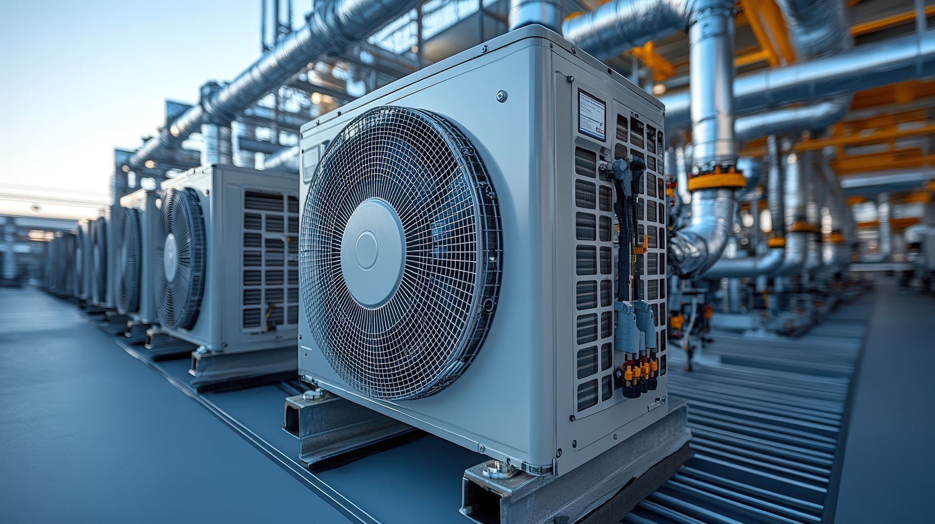 Close-up photograph of a grey industrial HVAC unit with a large circular fan grille, mounted outdoors in a factory.